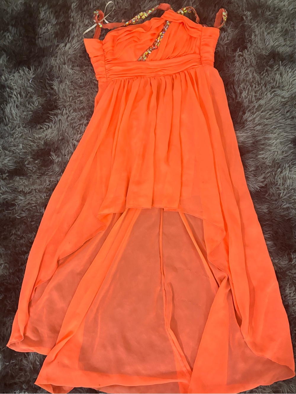 Deb Coral Orange Chiffon Party Dress with Embellished Straps